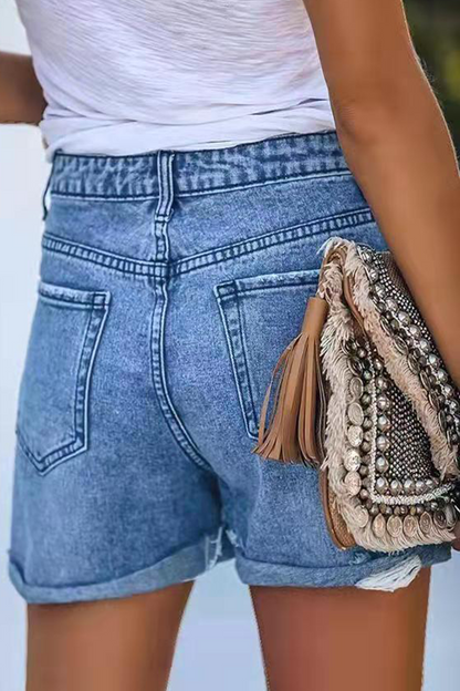 Street Solid Ripped Make Old Mid Waist Straight Denim Shorts(3 colors)