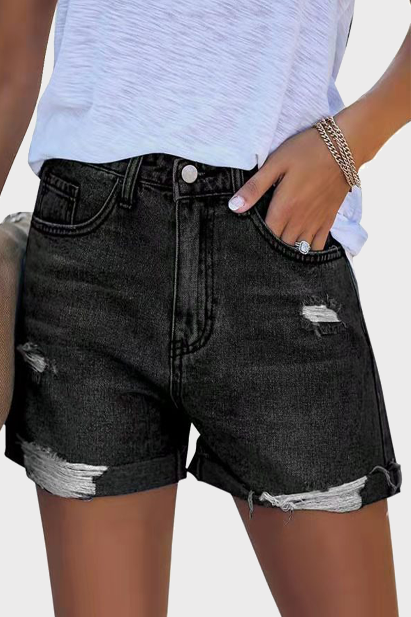 Street Solid Ripped Make Old Mid Waist Straight Denim Shorts(3 colors)