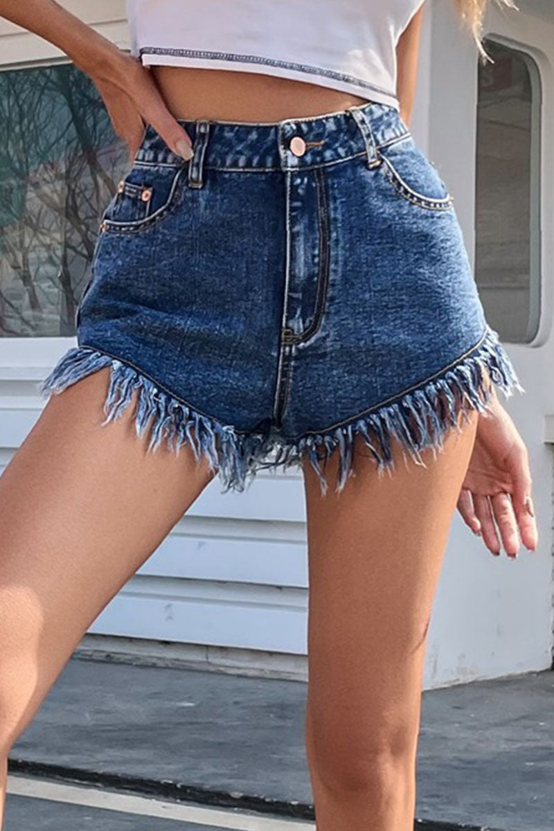 Fashion Solid Color Tassel Straight Denim Shorts