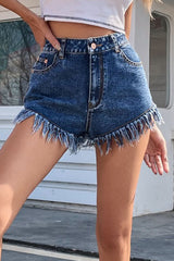Fashion Solid Color Tassel Straight Denim Shorts