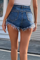 Fashion Solid Color Tassel Straight Denim Shorts