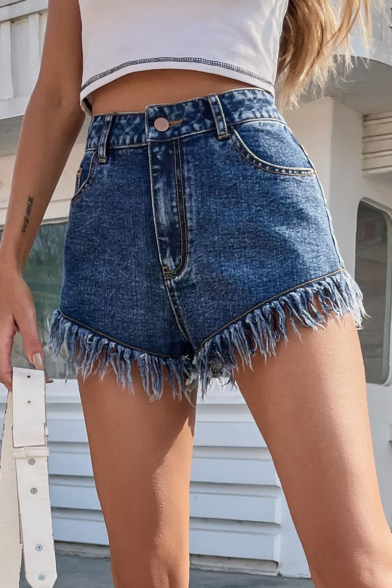 Fashion Solid Color Tassel Straight Denim Shorts