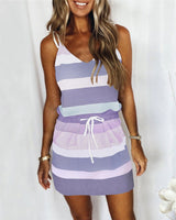 Amsoin Stripe Drawstring Colorful Sling Dress