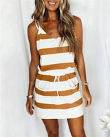 Amsoin Stripe Drawstring Colorful Sling Dress