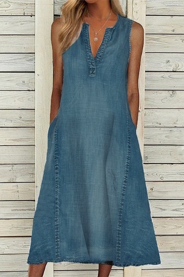 Casual Solid Make Old Split Joint V Neck A Line Dresses