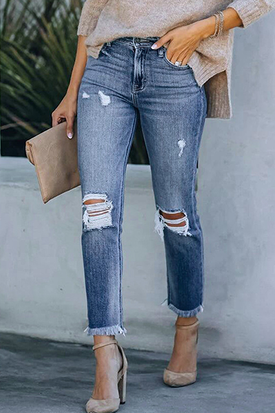 Amsoin Casual Solid Tassel Ripped Pencil Jeans