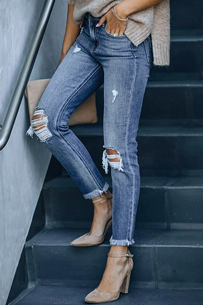 Amsoin Casual Solid Tassel Ripped Pencil Jeans