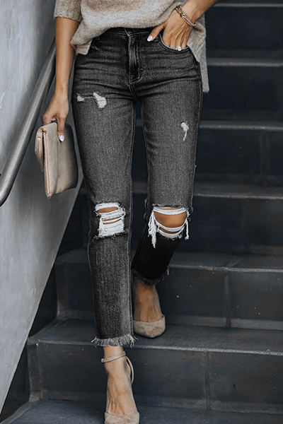 Amsoin Casual Solid Tassel Ripped Pencil Jeans