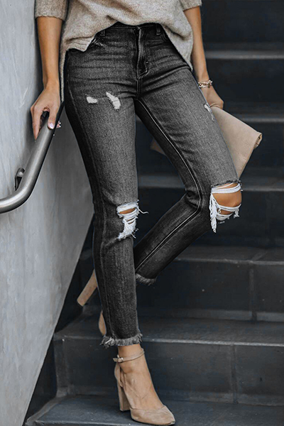 Amsoin Casual Solid Tassel Ripped Pencil Jeans