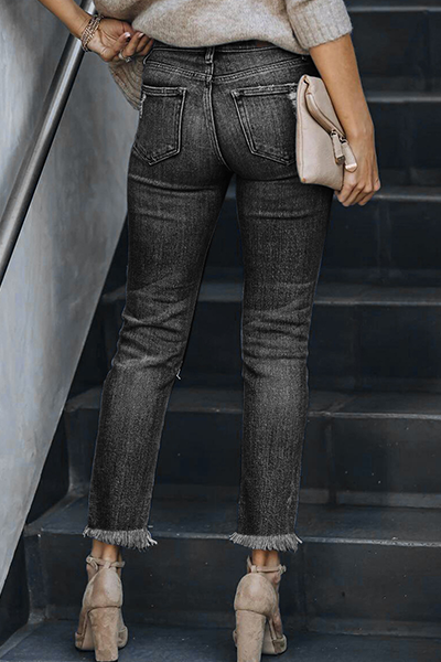 Amsoin Casual Solid Tassel Ripped Pencil Jeans