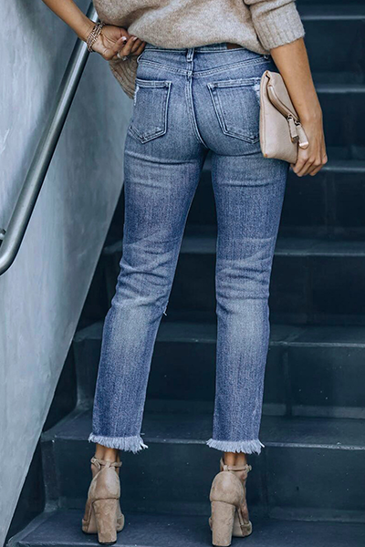 Amsoin Casual Solid Tassel Ripped Pencil Jeans