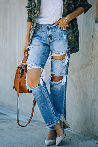 Casual Patchwork Tassel Ripped Make Old Straight Bottoms