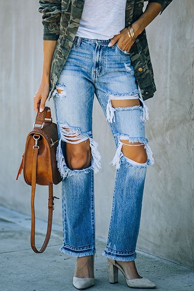 Casual Patchwork Tassel Ripped Make Old Straight Bottoms