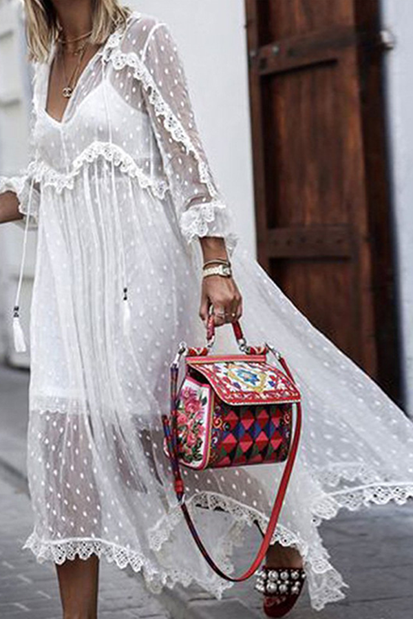 Amsoin V Neck Lace Dress