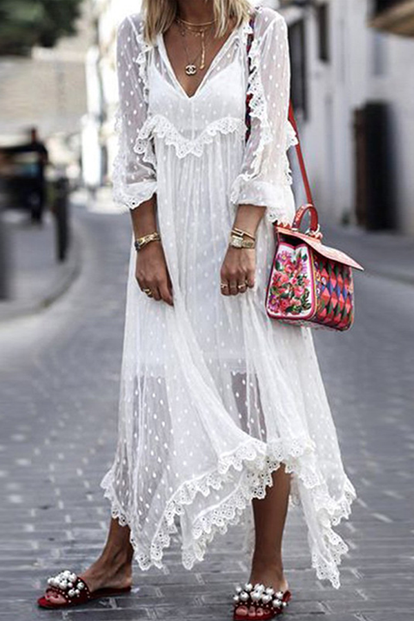 Amsoin V Neck Lace Dress