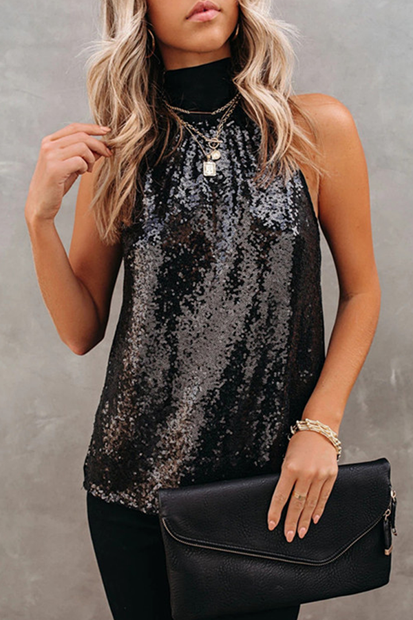 Amsoin Solid Sequins Strap Design Tops