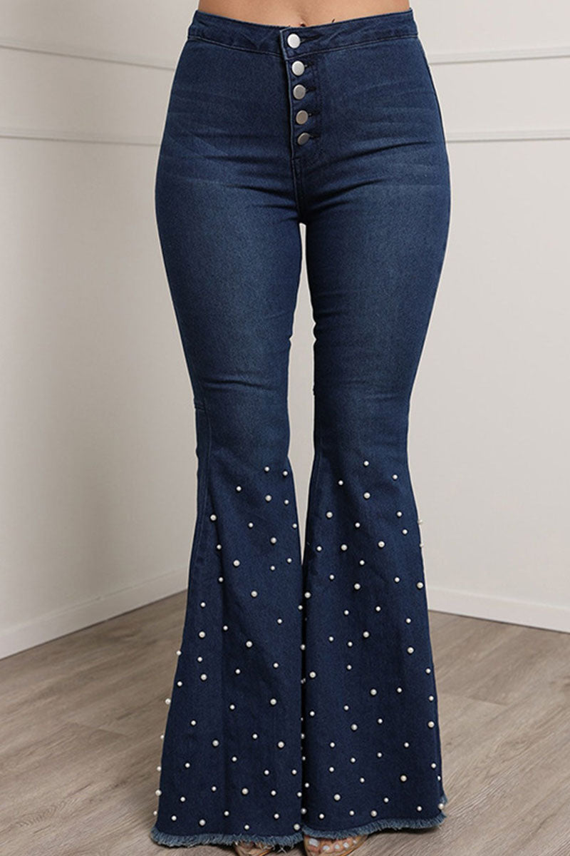 Casual Street Solid Patchwork Beading High Waist Boot Cut Denim Jeans