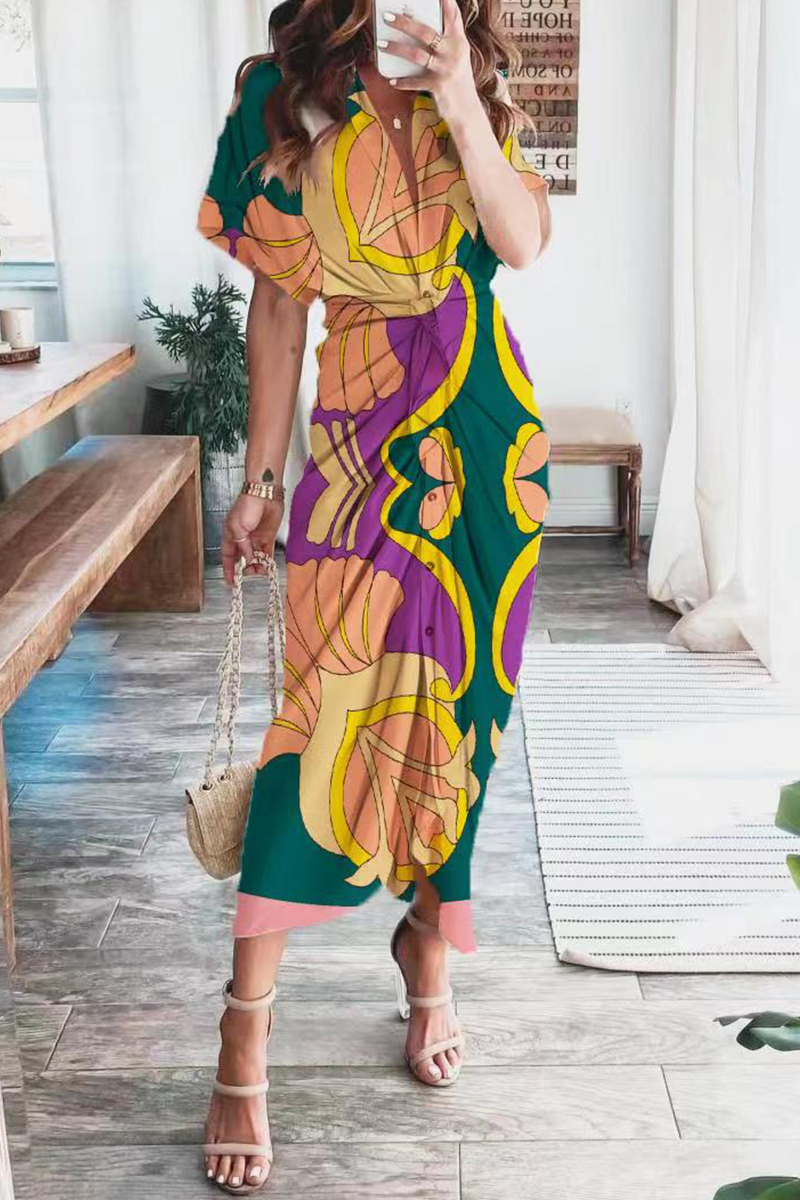 Casual Print Patchwork Turndown Collar Shirt Dress Dresses(4 Colors)