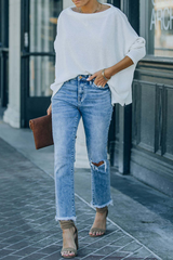 Amsoin Casual Solid Ripped Denim Jeans