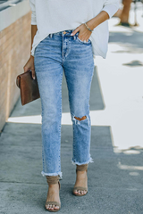 Amsoin Casual Solid Ripped Denim Jeans