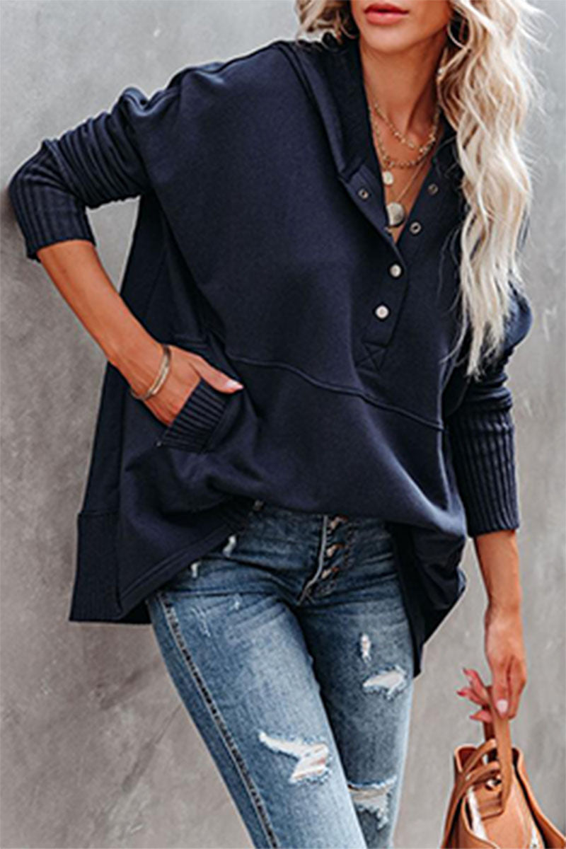 Amsoin Casual Stylish Solid Pocket Buckle Hooded Collar Tops(9 Colors)