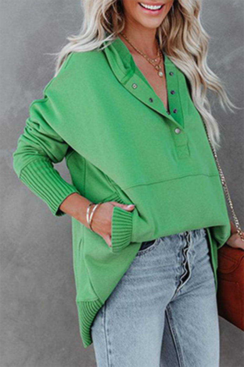 Amsoin Casual Stylish Solid Pocket Buckle Hooded Collar Tops(9 Colors)