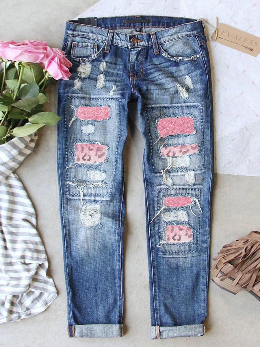 Amsoin Pink Leopard Denim Jeans