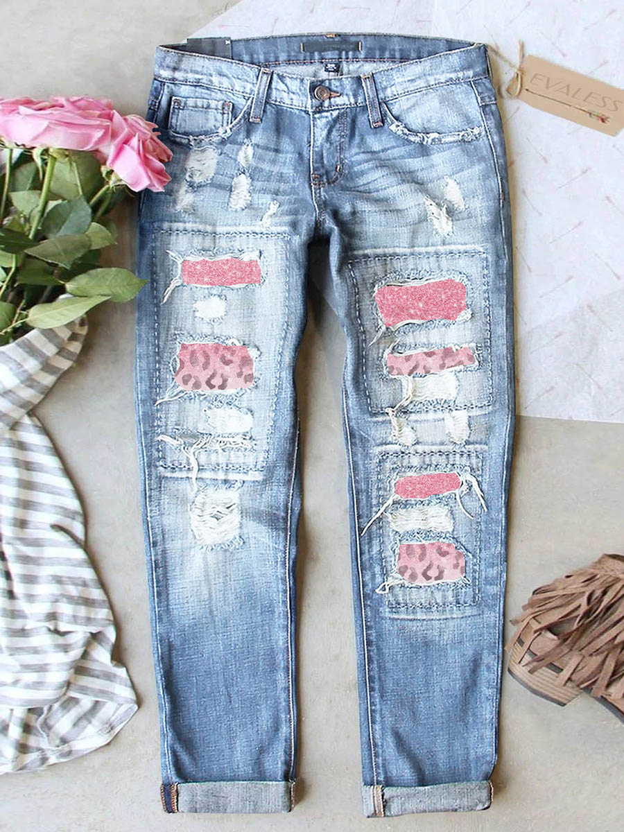 Amsoin Pink Leopard Denim Jeans