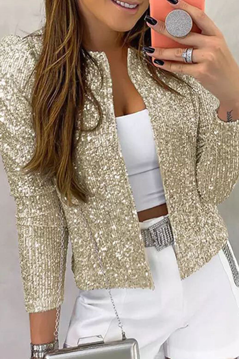 Amsoin Casual Solid Sequins Patchwork Outerwear(5 Colors)