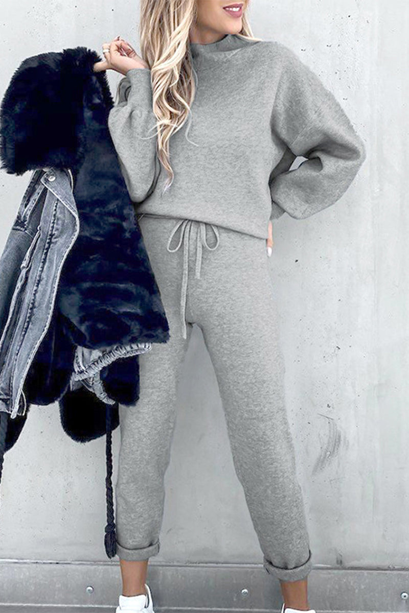 Amsoin Solid Color Turtleneck Long Sleeve Two Pieces