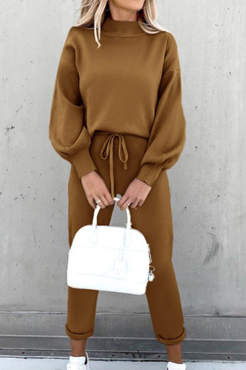 Amsoin Solid Color Turtleneck Long Sleeve Two Pieces