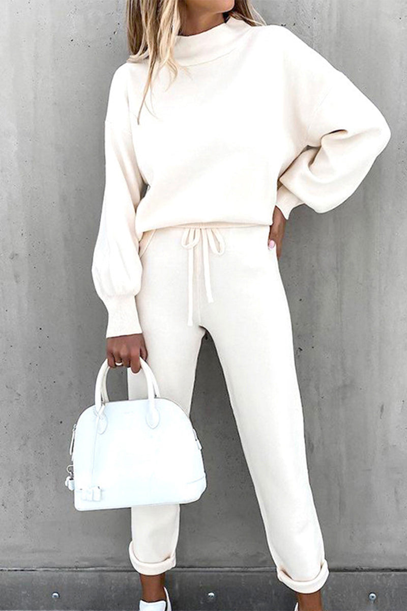 Amsoin Solid Color Turtleneck Long Sleeve Two Pieces