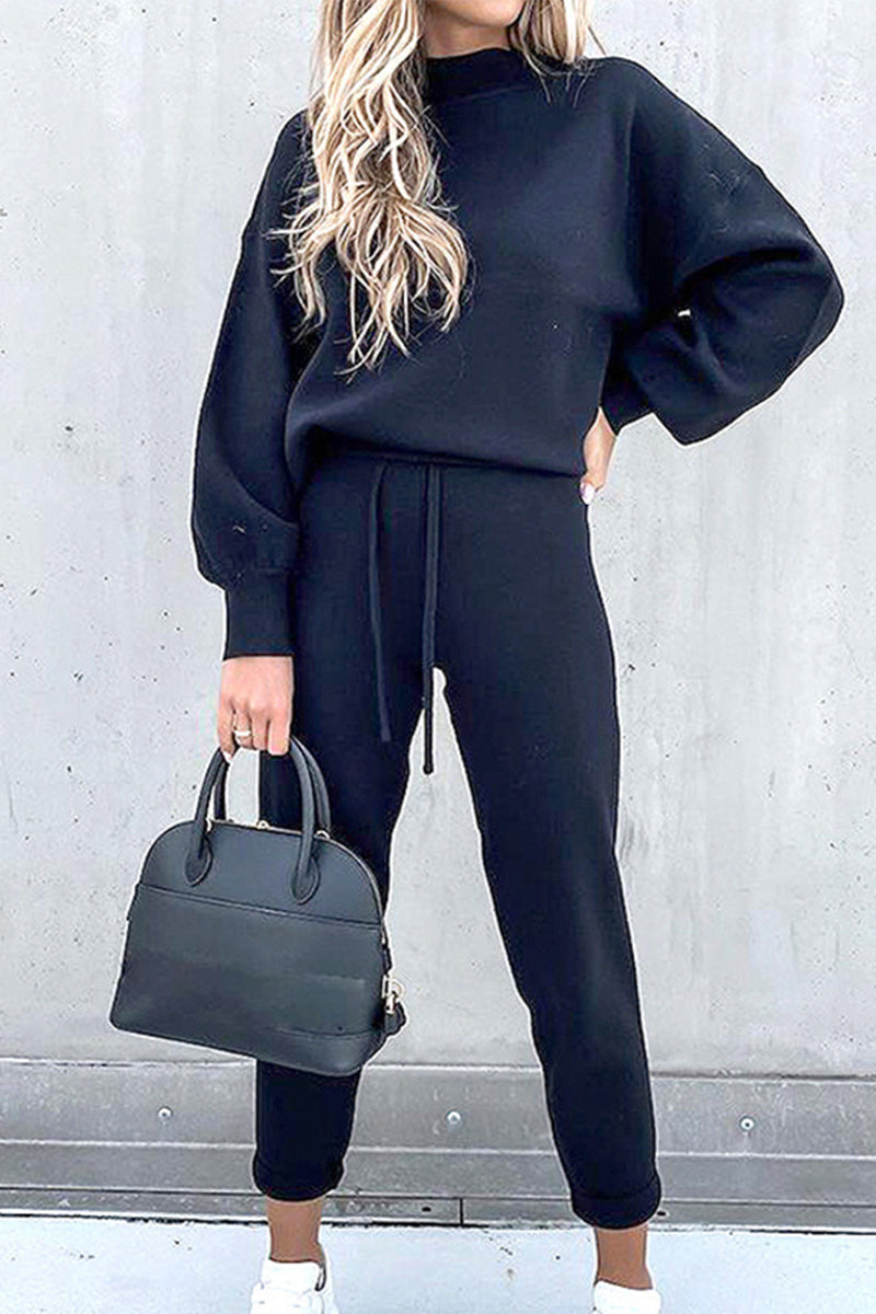 Amsoin Solid Color Turtleneck Long Sleeve Two Pieces