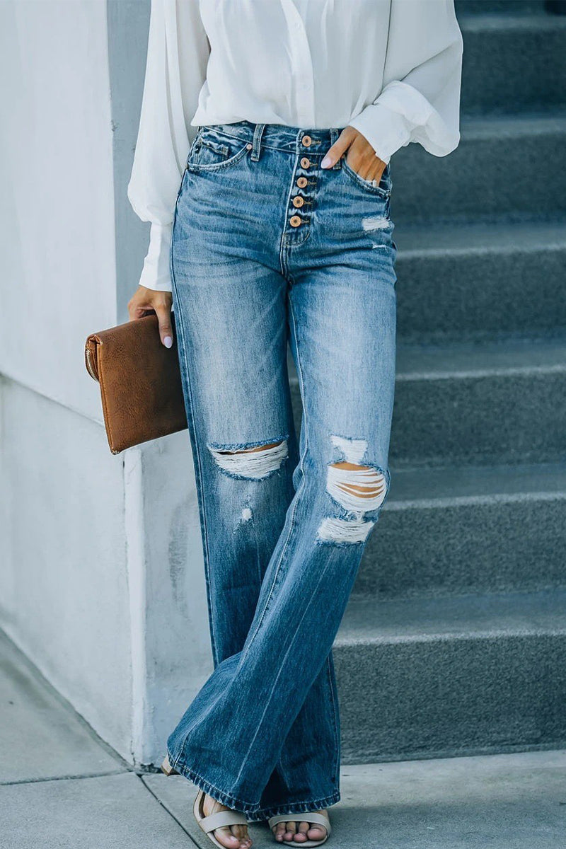 Amsoin Ripped Buckle High Waist Straight Denim Jeans