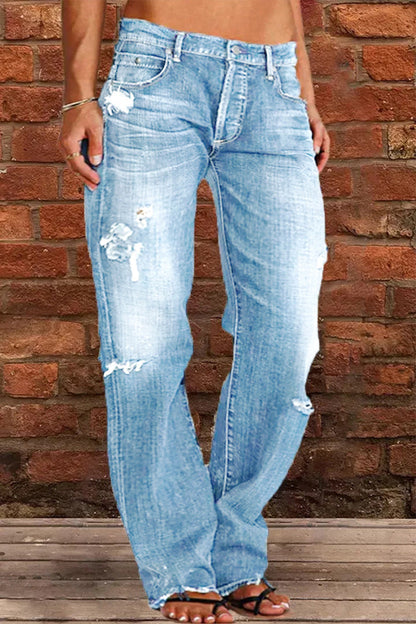 Casual Street Patchwork Ripped Straight Denim Jeans(5 Colors)