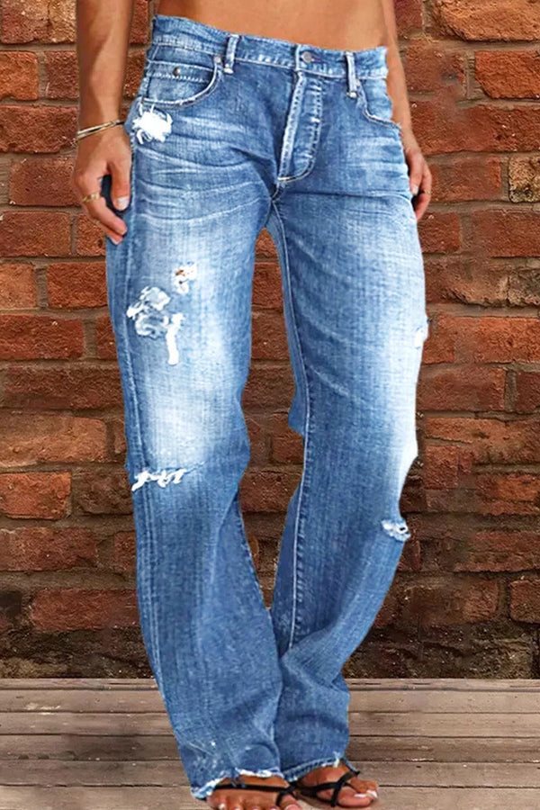 Amsoin Casual Street Patchwork Ripped Straight Denim Jeans(3 Colors)