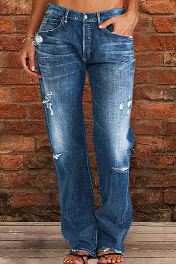 Casual Street Patchwork Ripped Straight Denim Jeans(5 Colors)