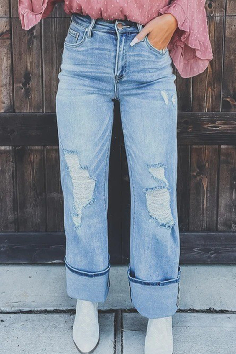 Amsoin Ripped Patchwork High Waist Straight Denim Jeans
