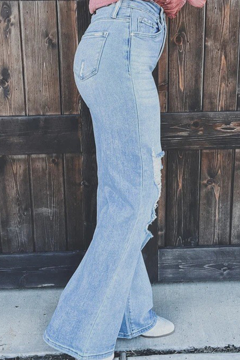 Amsoin Ripped Patchwork High Waist Straight Denim Jeans