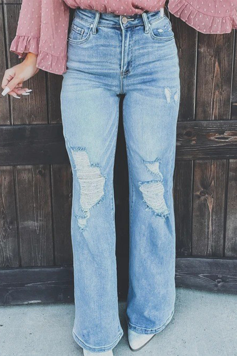 Amsoin Ripped Patchwork High Waist Straight Denim Jeans