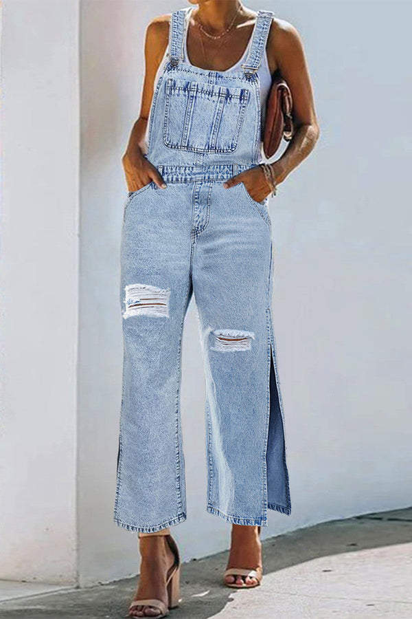 Amsoin Slit Spaghetti Strap Sleeveless Regular Denim Jumpsuits