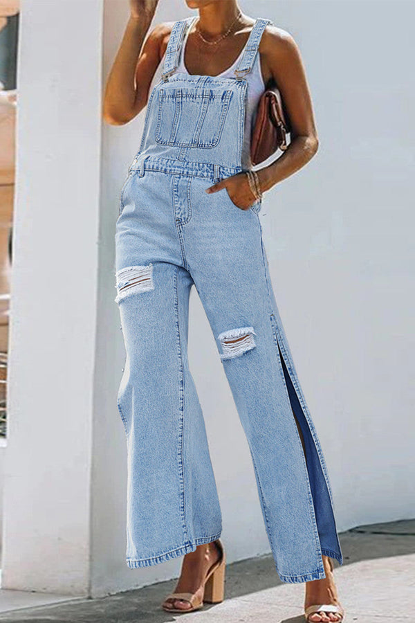 Amsoin Slit Spaghetti Strap Sleeveless Regular Denim Jumpsuits