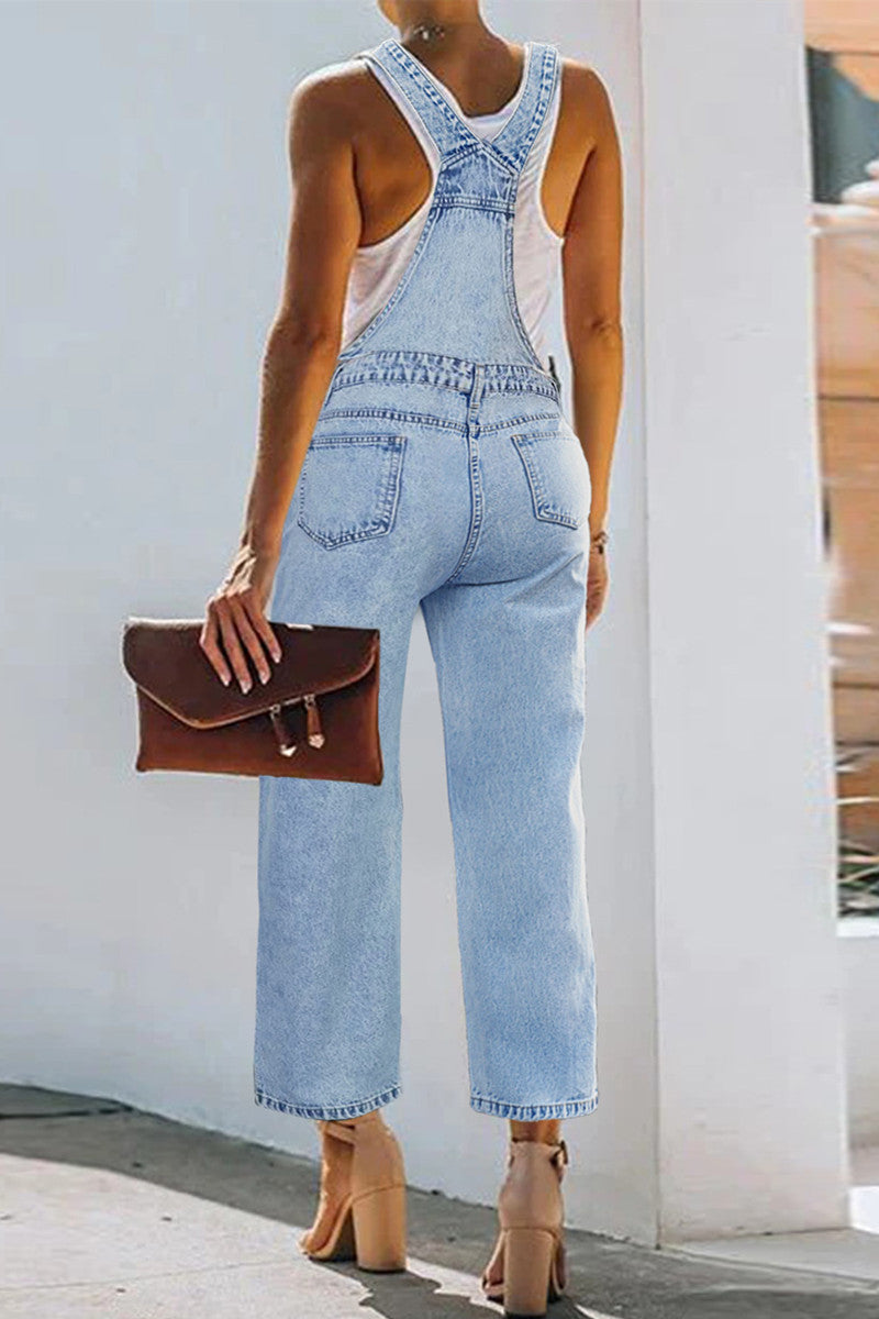 Amsoin Slit Spaghetti Strap Sleeveless Regular Denim Jumpsuits
