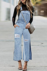Amsoin Slit Spaghetti Strap Sleeveless Regular Denim Jumpsuits