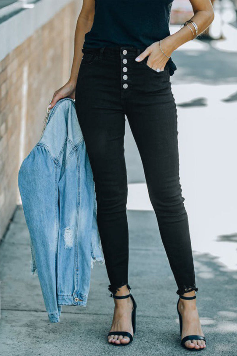 Amsoin Solid Buckle Skinny Denim Jeans