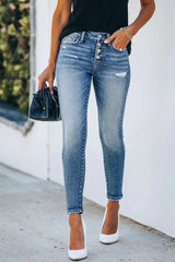 Amsoin Buttons Solid Color Denim Jeans