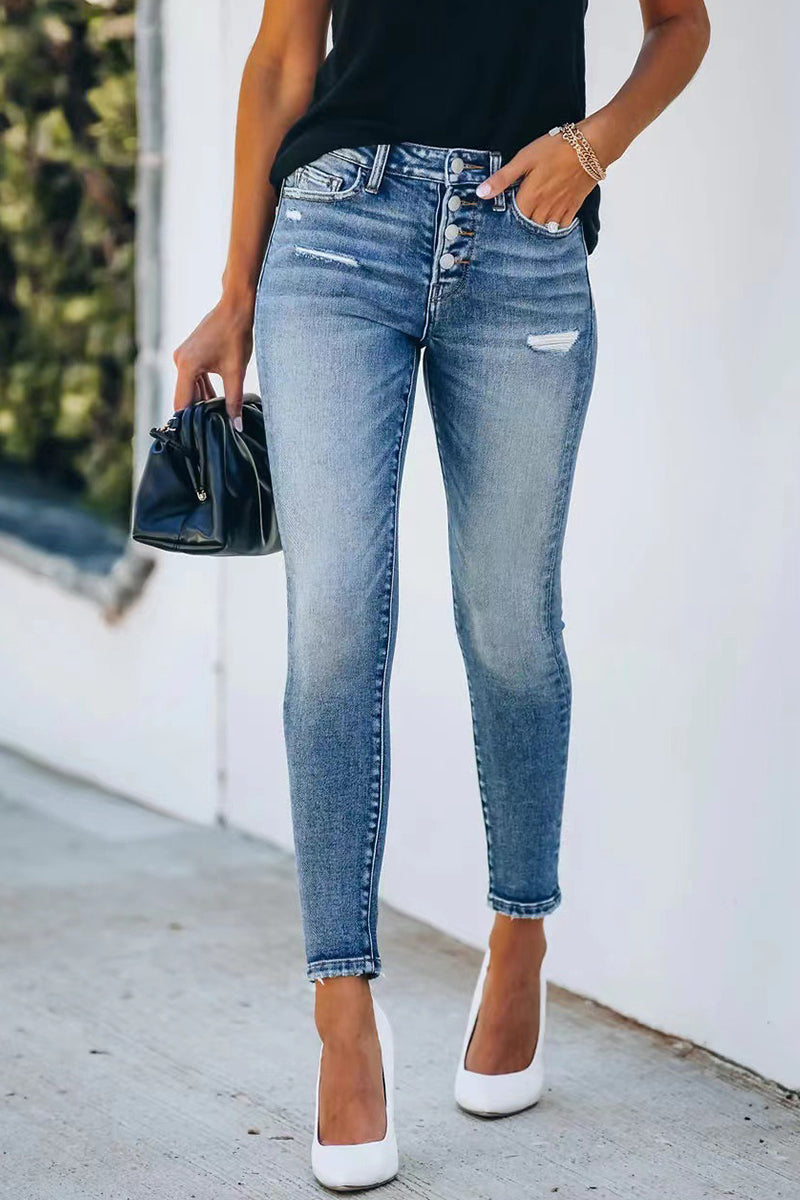 Amsoin Buttons Solid Color Denim Jeans