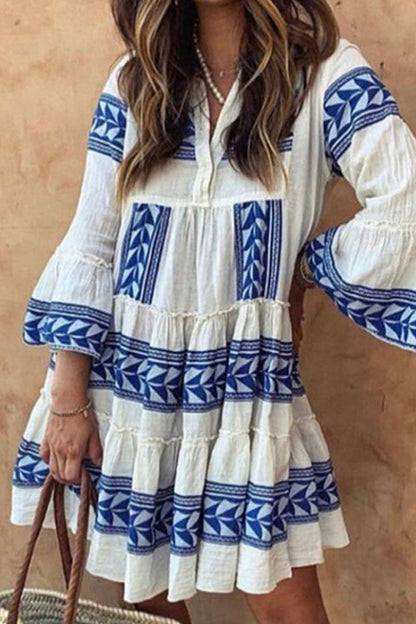 Amsoin Bohemian Print Patchwork V Neck Cake Skirt Dresses