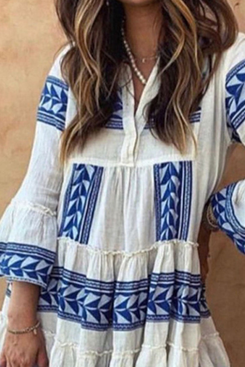 Amsoin Bohemian Print Patchwork V Neck Cake Skirt Dresses