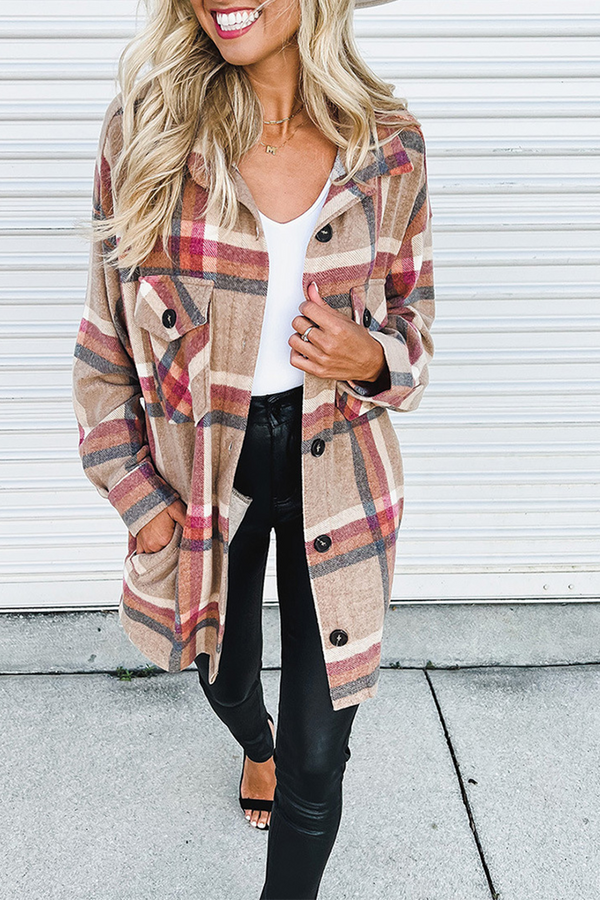 Amsoin Plaid Patchwork Turndown Collar Tops